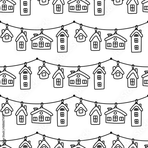 Pattern from Holiday garland stretch with winter houses on a string. Hand-drawn doodle. Tied with a bow. Seamless texture for weddings, Mother's Day, birthdays, Valentine's Day, and other holidays.