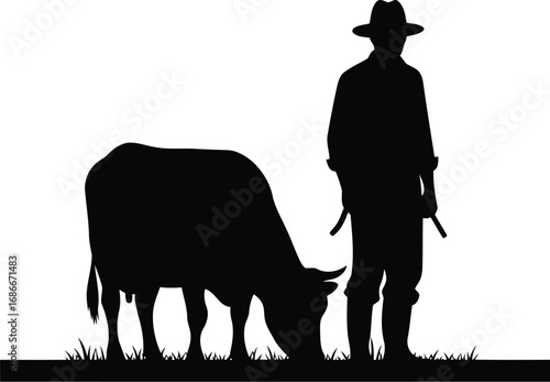 Farmer and cow grazing peacefully in a grassy field, rural life