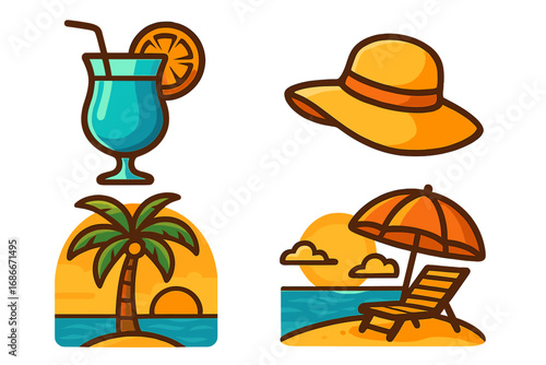 Beach icon set for summer vacation. Tropical drink, sun hat, palm tree on an island at sunset, and beach chair with umbrella. Vector cartoon illustration for travel concepts.