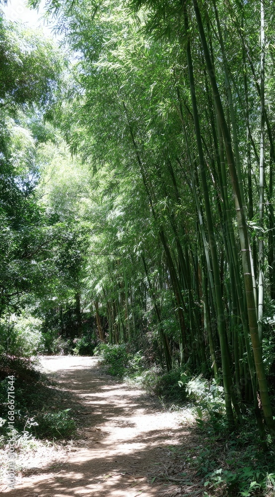 Fototapeta premium A sun-dappled dirt path winds through a lush bamboo forest, creating a serene, natural landscape. Sunlight filters through dense canopy