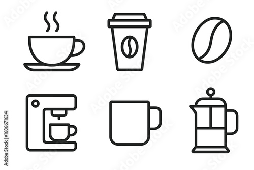 Vector coffee icons linear symbol set. Minimalist outline collection with cup, mug, bean, espresso machine, French press. Editable stroke for web, app, cafe menu design.