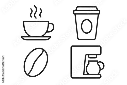 Coffee line icon collection. Simple outline vector icons. Set of coffee related symbols like hot cup, takeaway mug, coffee bean and coffee maker. Editable stroke for cafe menu.