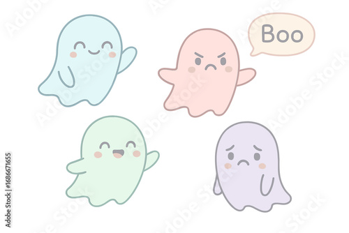 Set of cute pastel ghosts with different emotions. Vector cartoon characters for Halloween. Happy, sad, angry phantom illustrations. Kawaii spirit emoticons collection with boo.