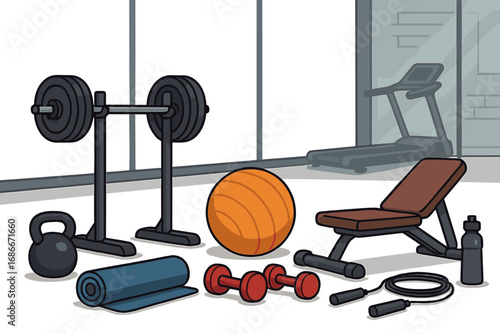Fitness equipment set for gym exercise and workout. Vector illustration of sport tools. Healthy lifestyle concept. Barbell, dumbbell, kettlebell, ball, mat cartoon collection.