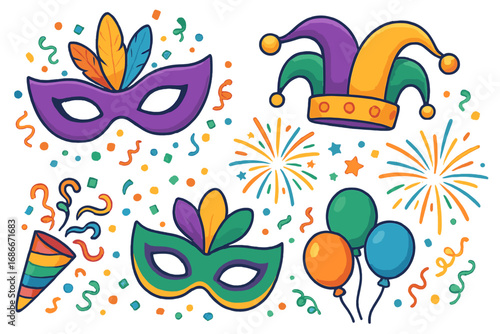 Carnival party celebration vector set with masks, jester hat, fireworks, confetti. Festive Mardi Gras design elements for holiday events. Cartoon illustration with transparent background.