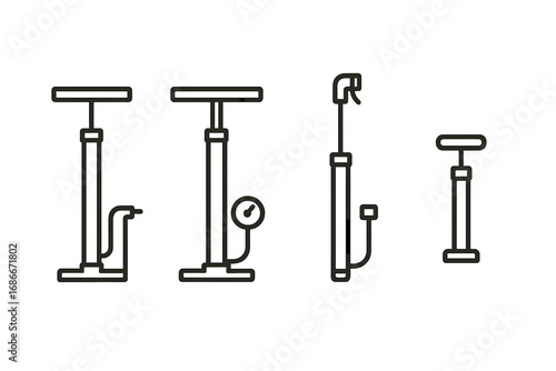 Bicycle pump icon set. Minimalist line art vector illustration of air pumps for tire inflation. Cycling equipment for maintenance and repair. Includes pump with pressure gauge.