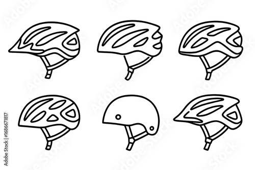 Set of six linear bicycle helmets with different modern styles in black outline design, vector cartoon illustration with transparent background, ordered collection of cycling safety gear icons