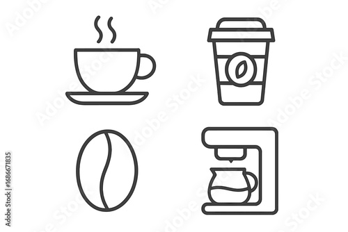 Coffee icon set vector line illustration. Includes hot cup, takeaway mug, coffee bean, and drip maker machine. For web, app, cafe menu, branding. Hot drink, beverage, caffeine.