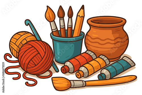 Art and craft supplies vector illustration. Creative hobby tools concept with yarn, crochet hook, paint brushes, pottery, and paint tubes for handmade DIY projects.