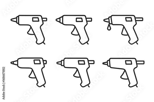 Set of six linear hot glue gun icons for crafting and DIY projects, vector cartoon illustration with transparent background, tool symbols for creative and repair work