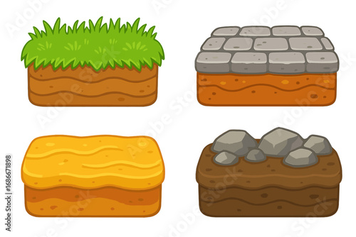 Game asset collection. Ground terrain block set for video games. Cartoon vector illustration. Grass, cobblestone, sand, and rock soil textures for level design platformer.