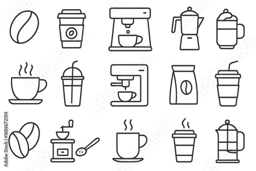 Coffee thin line icon set. Vector outline signs for cafe menu, web design, apps. Includes coffee maker, espresso, latte, grinder, french press, cup, bean, and drink pictograms.