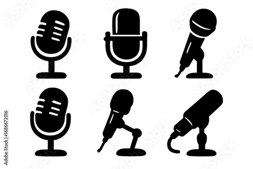 Set of Six Unique Microphone Silhouettes Vector for Audio Recording, Podcasting, Broadcasting, Streaming, Voiceover, and Studio Sound Equipment Illustrations