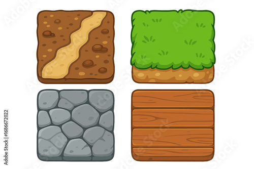 Game terrain texture set. Cartoon vector ground tiles for level design. Dirt path, grass block, stone pavement, and wood floor surfaces. Game UI elements or app assets.