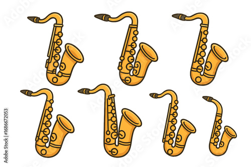 Set of six musical saxophones in modern linear style, vector cartoon illustration with transparent background, ordered collection of brass wind instruments artwork for music designs