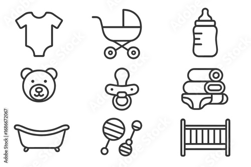 Baby items icon set. Minimalist line art for parenting and childcare. Newborn essentials vector collection. Includes stroller, bottle, pacifier, diaper, crib, toy, and clothes.