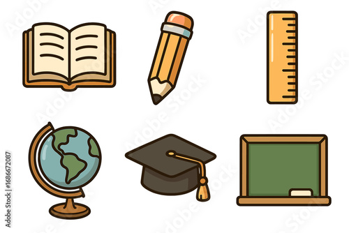 School and education icon set. Back to school concept with book, pencil, ruler, globe, graduation cap, and chalkboard. Vector cartoon illustration for study and knowledge.