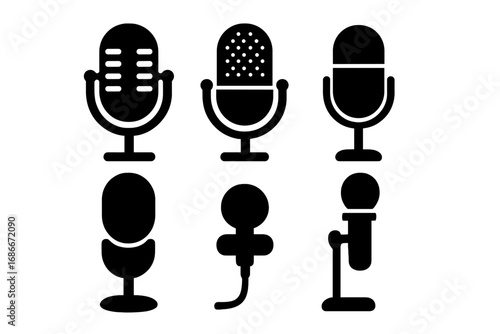 Set of six black microphone silhouettes vector icons for audio recording, podcast broadcasting, sound equipment, voice recording, and media production design elements