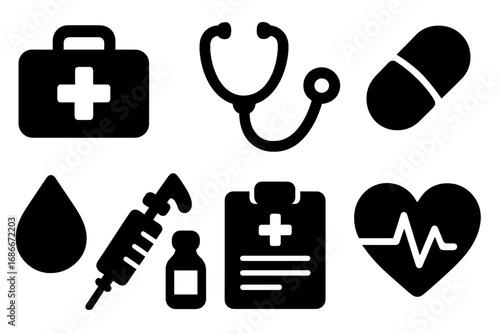 Medical icon set. Health care bold silhouette symbols. Vector collection of essential hospital and clinic elements. Stethoscope, pill, syringe, heartbeat and first aid kit.