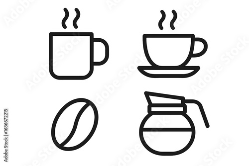 Coffee time icon set vector. Minimalistic outline icons. Hot drink, mug, cup, coffee bean, pot symbols. Web graphic design elements for app, banner, social media. Cafe logo.