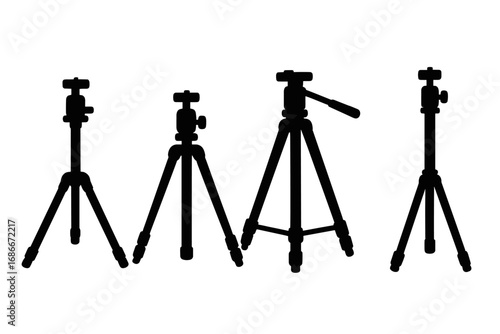 Set of four minimalist tripod silhouettes for photography and video equipment design, vector cartoon illustration with transparent background, ordered collection for creative projects
