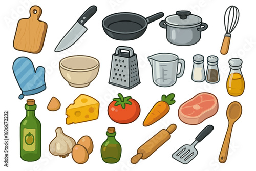 Vector cartoon collection of kitchen tools and food ingredients for cooking. Culinary set with knife, pan, pot, vegetables, and meat for recipe design or gastronomy concept.