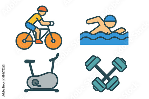 Fitness and sport icons set for healthy lifestyle. Biking, swimming, gym workout with stationary bike and dumbbells. Lineal color flat design vector illustration collection.