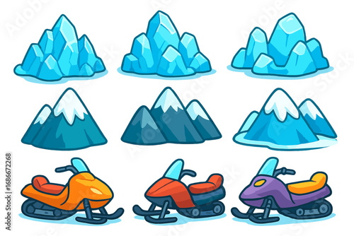 Winter cartoon icon set. Snowmobile, iceberg and snow mountain vector collection. Arctic adventure game assets. Cold nature landscape elements. Fun transport illustration isolated.