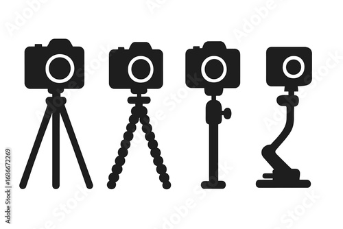 Silhouette Camera Icon Set Featuring Various Tripods and Mounts, Vector Cartoon Illustration with Transparent Background, Orderly Collection of Photography Equipment Icons