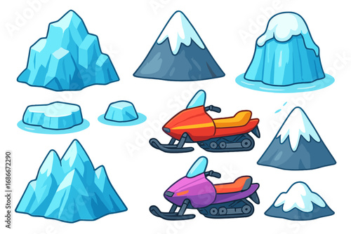 Cartoon winter elements set. Snowmobile, iceberg, and mountain vector icons. Arctic transport and landscape for games or design. Isolated cold nature and sport vehicle collection.