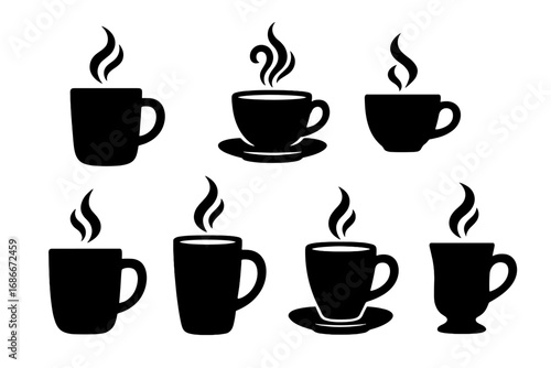 Silhouette coffee mugs and cups set with rising steam, minimalist style vector illustration, cartoon style hot beverage icons, transparent background, ordered collection