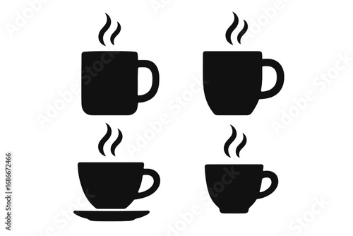 Silhouette Coffee Mugs and Cups Set with Steam, Minimalist Style Vector Illustration, Hot Beverage Icons Collection, Transparent Background, Ordered Drinkware Design