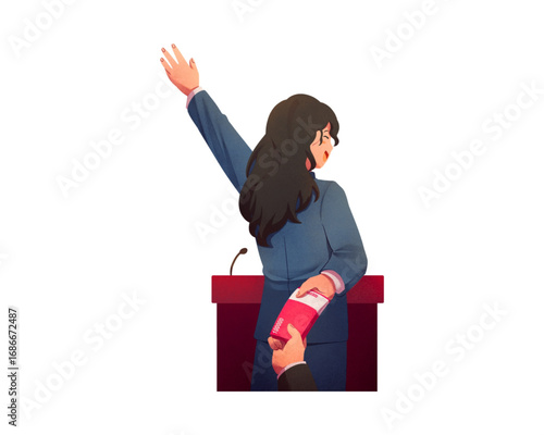 Deception in politics, a female leader accepts a secret bribe in a red envelope while waving to the crowd