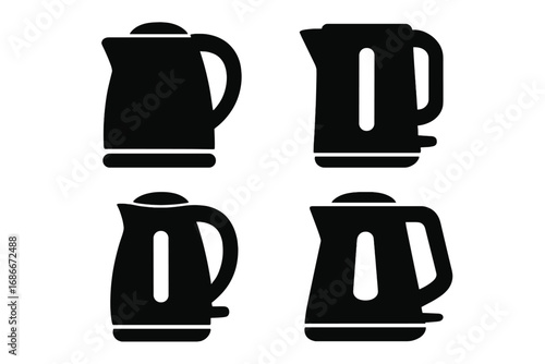 Silhouette collection of modern electric kettles in minimalist style with transparent background, vector cartoon illustrations, ordered set of kitchen appliance icons for digital use