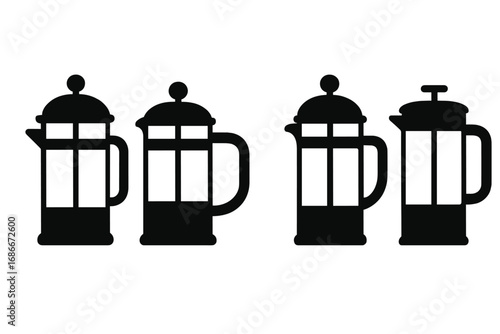 Silhouette collection of French press coffee makers in simple black style, vector cartoon illustration set, transparent background, ordered stylish coffee brewing equipment