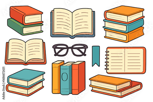 Book collection vector cartoon set. Reading materials, education icons. Open and closed books, stacks, notebook, glasses. Library, study, literature, knowledge concept.