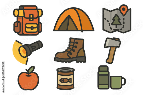 Set of outdoor adventure and camping icons. Essential hiking gear, food, and survival equipment. Flat vector cartoon illustration. Includes backpack, tent, map, boot, and axe.