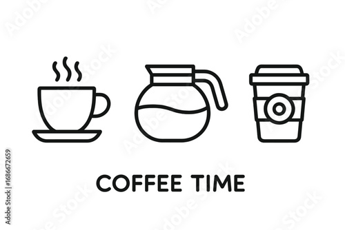 Coffee time icon set. Modern outline style collection with steaming cup, pot, and paper to-go cup. Vector illustration for cafe menu, apps, and web. Hot drink symbol.