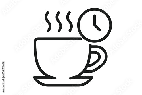 Coffee time outline icon. Coffee break symbol with hot steaming cup and clock. Morning energy drink concept. Vector linear illustration for cafe, office, web, and app design.