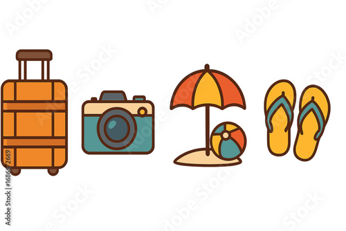 Vector travel icons set for summer vacation. Flat cartoon style illustration of beach essentials like suitcase, camera, parasol, ball, and flip flops. Holiday and tourism concept.