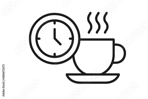 Coffee break outline icon. Time for coffee concept. Clock with a steaming hot drink cup. Morning pause or office rest period symbol. Vector line art for web, app, menu.