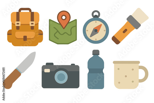 Set of outdoor adventure and camping icons. Flat vector illustration of hiking gear like backpack, map, compass, flashlight, knife, camera, water bottle and mug for travel.