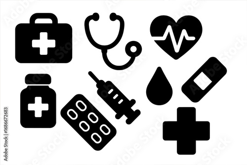 Medical icon set vector glyph. Healthcare symbols silhouette. First aid kit, stethoscope, heartbeat, pills, syringe, blood drop. Emergency pharmacy concept illustration.