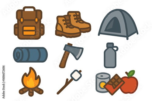 Camping and hiking essentials icon set. Outdoor adventure gear with backpack, tent, boots, campfire. Vector flat cartoon illustration for travel, tourism and leisure design.