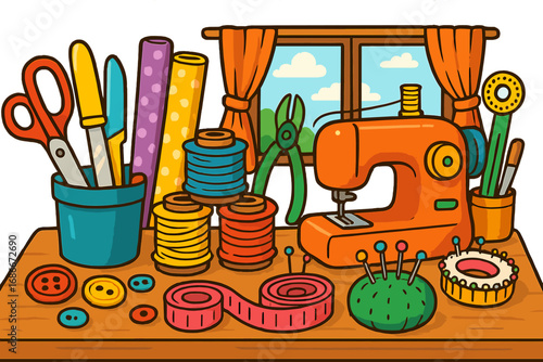 Sewing and crafting tools vector illustration. Creative workshop with sewing machine, thread, fabric and scissors. Concept for handmade hobby, tailoring, needlework and DIY.