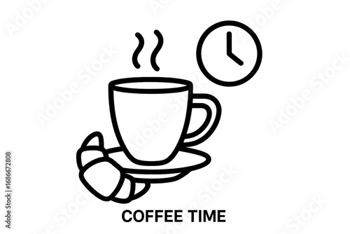 Coffee time outline icon. Coffee break concept with a steaming hot cup, croissant, and clock. Breakfast, morning, cafe. Vector line art pictogram for web, apps, menu, ads.