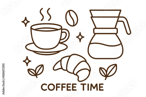 Coffee time icon set. Vector outline illustration of hot drink, croissant, coffee pot, bean for cafe menu. Breakfast or coffee break concept for web design and graphic.