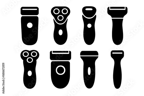Silhouette icons of electric razors and shavers in diverse modern designs, vector cartoon illustration, ordered set with transparent background, grooming tools and personal care essentials