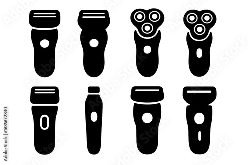 Silhouette icons of electric razors and shavers in various designs, vector cartoon illustration set with transparent background, modern grooming tools, personal care essentials collection