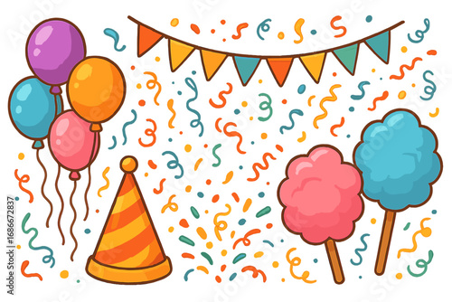 Set of colorful party and carnival decorative elements. Vector cartoon illustration with balloons, confetti, party hat, cotton candy. Festive design for birthday celebration.
